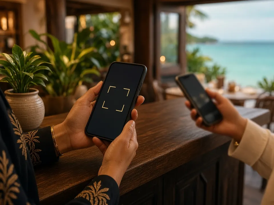 Restaurant staff scanning a guest's card on a phone at the counter
